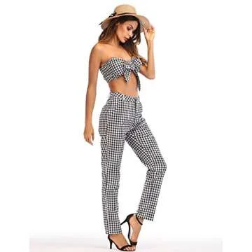 Sedrinuo Sexy Jumpsuits Women Sleeveless High Waist Grid 2 Pieces Outfits Crop Tops and Pants Set Black