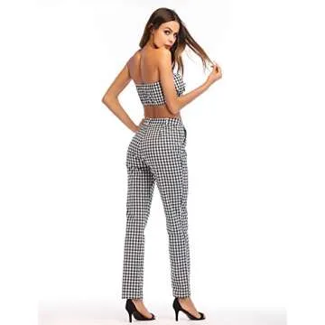 Sedrinuo Sexy Jumpsuits Women Sleeveless High Waist Grid 2 Pieces Outfits Crop Tops and Pants Set Black