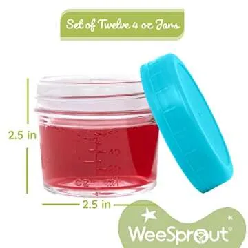 WeeSprout Glass Baby Food Storage Jars w/Lids (4 oz, 12 Pack Set) Snack, Puree, Reusable Small Containers, Breast Milk, Fridge or Freezer, Microwave & Dishwasher Safe, Essential Must Have for Infants