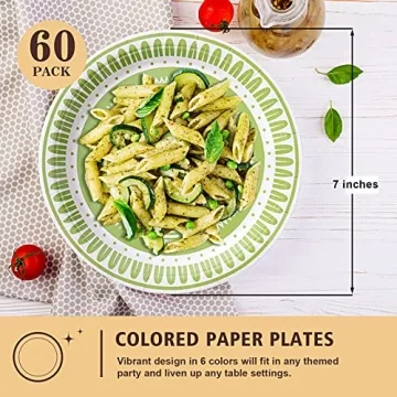 Tyzarglef 60 Count Colored Paper Plates for Parties
