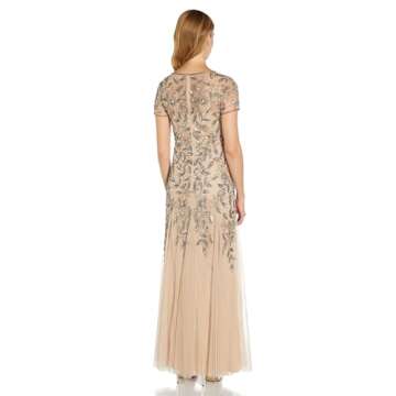 Adrianna Papell Women's Floral Beaded Godet Gown, Taupe/Pink, 16