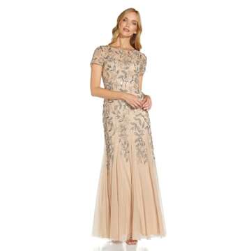 Adrianna Papell Women's Floral Beaded Godet Gown, Taupe/Pink, 16