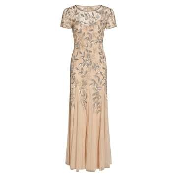 Adrianna Papell Women's Floral Beaded Godet Gown, Taupe/Pink, 16
