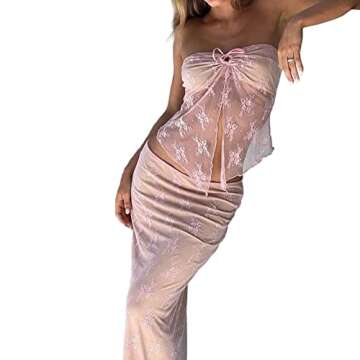 Women Y2K Skirt Set Outfits Strapless Crop Top Bodycon Midi Skirt Dress Sexy 2 Piece Lace Outfits Skirt Summer(K-Pink lace Sets,M)