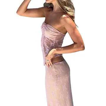 Women Y2K Skirt Set Outfits Strapless Crop Top Bodycon Midi Skirt Dress Sexy 2 Piece Lace Outfits Skirt Summer(K-Pink lace Sets,M)