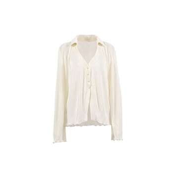 LYANER Women's Deep V Neck Button Front Bell Long Sleeve Blouse Shirt Top Beige Medium