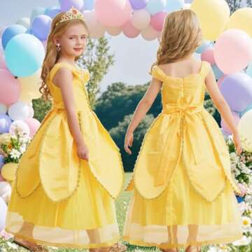 iTVTi Princess Belle Dress up Costume for Girls Yellow Dresses Halloween Cosplay Birthday Outfit with Accessories