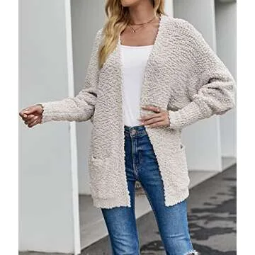 MEROKEETY Women's 2025 Winter Fuzzy Popcorn Batwing Sleeve Cardigan Knit Oversized Sherpa Sweater Coat, Beige, X-Large