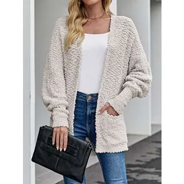 MEROKEETY Women's 2025 Winter Fuzzy Popcorn Batwing Sleeve Cardigan Knit Oversized Sherpa Sweater Coat, Beige, X-Large