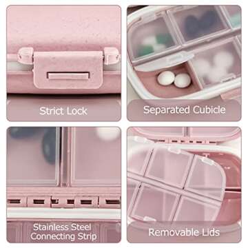 1Pack Travel Pill Organizer, 8 Compartments Portable Pill Case, Small Pill Box for Pocket Purse Portable Medicine Vitamin Container Pink