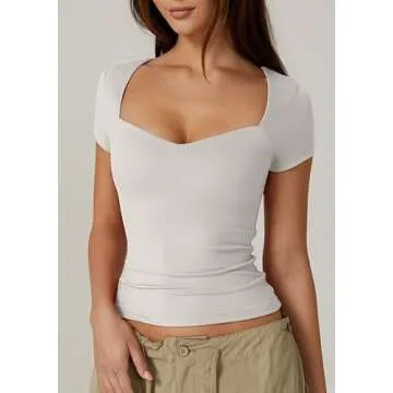 Stylish QINSEN Short Sleeve Sweetheart Neck Tee for Women