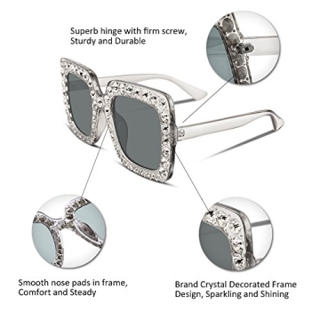 FEISEDY Women Sparkling Crystal Sunglasses Oversized Square Frame