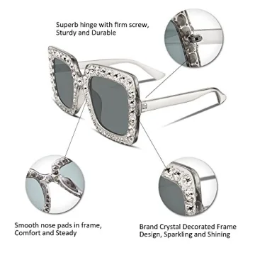 FEISEDY Women Sparkling Crystal Sunglasses Oversized Square Frame
