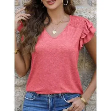PRETTYGARDEN Women's Summer Basic Tops 2025 Trendy Casual Ruffle Short Sleeve V Neck Plain T Shirts Blouses (Coral Red,Large)