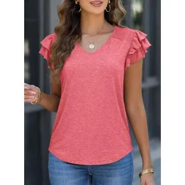 PRETTYGARDEN Women's Summer Basic Tops 2025 Trendy Casual Ruffle Short Sleeve V Neck Plain T Shirts Blouses (Coral Red,Large)