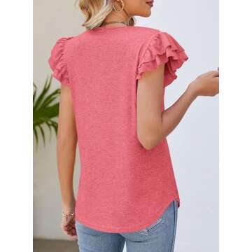PRETTYGARDEN Women's Summer Basic Tops 2025 Trendy Casual Ruffle Short Sleeve V Neck Plain T Shirts Blouses (Coral Red,Large)