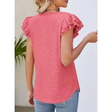 PRETTYGARDEN Women's Summer Basic Tops 2025 Trendy Casual Ruffle Short Sleeve V Neck Plain T Shirts Blouses (Coral Red,Large)