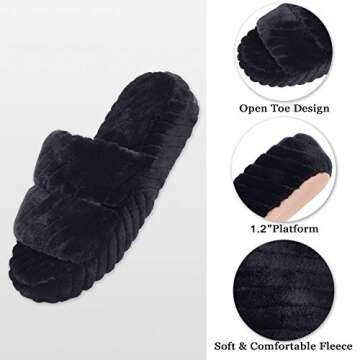 DL House Slippers for Women Open Toe, Fluffy Womens Indoor Home Slippers Memory Foam, Comfy Slip On Women's Bedroom Slippers Non-Slip Size 7-8 Black