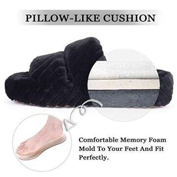 DL House Slippers for Women Open Toe, Fluffy Womens Indoor Home Slippers Memory Foam, Comfy Slip On Women's Bedroom Slippers Non-Slip Size 7-8 Black