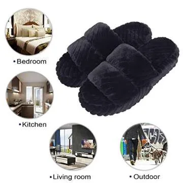 DL House Slippers for Women Open Toe, Fluffy Womens Indoor Home Slippers Memory Foam, Comfy Slip On Women's Bedroom Slippers Non-Slip Size 7-8 Black