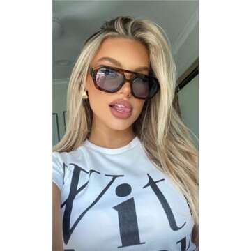 ADE WU Trendy Square Aviator Sunglasses for Women Vintage 70s Fashion Thick Double Bridge Hexagon Ta...