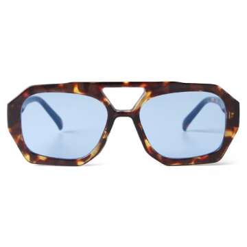 ADE WU Trendy Square Aviator Sunglasses for Women Vintage 70s Fashion Thick Double Bridge Hexagon Tangle Free Aviator Sun Glasses (Tortoise shell/Blue Lens)
