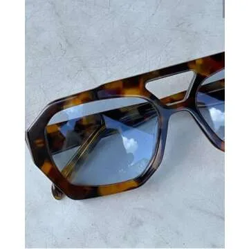 ADE WU Trendy Square Aviator Sunglasses for Women Vintage 70s Fashion Thick Double Bridge Hexagon Tangle Free Aviator Sun Glasses (Tortoise shell/Blue Lens)