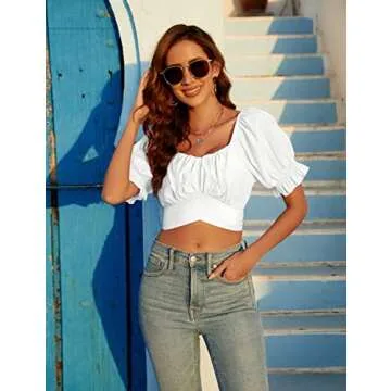 Blooming Jelly Womens Off The Shoulder Crop Tops Sexy Summer Blouses Puff Sleeve Cute Shits (Large, White)