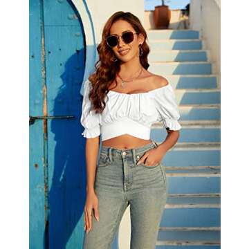 Blooming Jelly Womens Off The Shoulder Crop Tops Sexy Summer Blouses Puff Sleeve Cute Shits (Large, White)