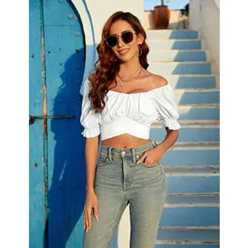Blooming Jelly Womens Off The Shoulder Crop Tops Sexy Summer Blouses Puff Sleeve Cute Shits (Large, White)