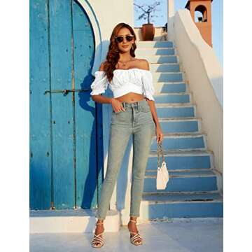 Blooming Jelly Womens Off The Shoulder Crop Tops Sexy Summer Blouses Puff Sleeve Cute Shits (Large, White)