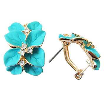 Navachi 18k Gold Plated Crystal Blue-green Enamel Leaves Flower Omega Earrings