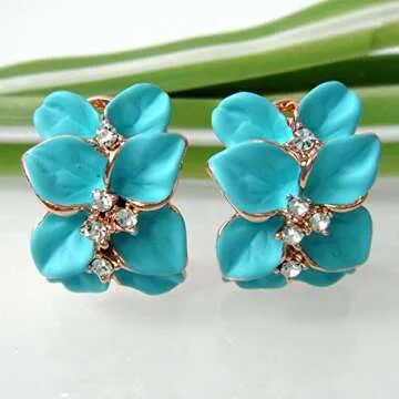 Navachi 18k Gold Plated Crystal Blue-green Enamel Leaves Flower Omega Earrings