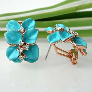 Navachi 18k Gold Plated Crystal Blue-green Enamel Leaves Flower Omega Earrings