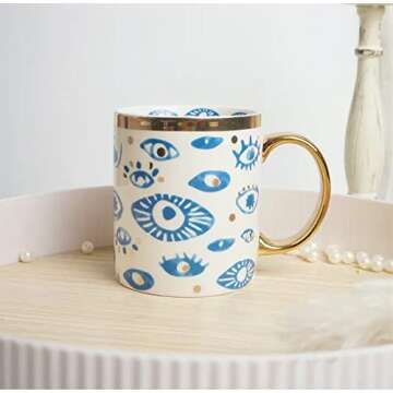 Beccalame Evil Eye Ceramics Coffee Mugs 12oz Perfect for Cappuccino Latte Tea Beer Hot and cold drinks, Coffee Cups for home and office, Microwave and Dishwasher Safe (Eyes)
