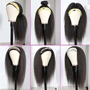 Szphoxer Synthetic Headband Wigs for Black Women Kinky Straight Hair Wigs Yaki Straight Wigs With Headband 18 inch Machine Made None Lace Front Wig 180% Density