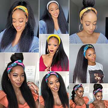 Szphoxer Synthetic Headband Wigs for Black Women Kinky Straight Hair Wigs Yaki Straight Wigs With Headband 18 inch Machine Made None Lace Front Wig 180% Density