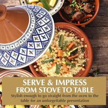 Kamsah Tagine Pot for Flavor Enrichment - Clay Pot for Cooking (12”, 5.5 QT) - Moroccan Ceramic Pots for Cooking with Lid & Serving Bowl - Large Handmade Cookware, Bohemian Blue, Non-Stick, Lead-Free