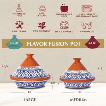 Kamsah Tagine Pot for Flavor Enrichment - Clay Pot for Cooking (12”, 5.5 QT) - Moroccan Ceramic Pots for Cooking with Lid & Serving Bowl - Large Handmade Cookware, Bohemian Blue, Non-Stick, Lead-Free