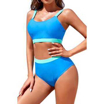 Womens High Waisted Bikini Sets Sporty Crop Top Color Block Swimwear Bandeau Scoop Neck Vintage Two ...