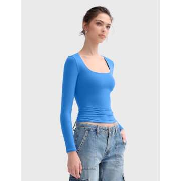 PUMIEY Long Sleeve Shirts for Women Scoop Neck Slim Fit Going Out Tops Double Lined Basic Tee, Pool X-Small