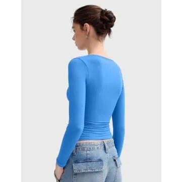 PUMIEY Long Sleeve Shirts for Women Scoop Neck Slim Fit Going Out Tops Double Lined Basic Tee, Pool X-Small