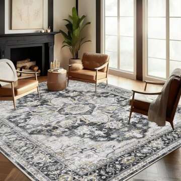 Area Rugs 8x10 for Living Room, Ultra-Thin Black Vintage Large Washable Rug Soft Non-Slip Backing Fl...