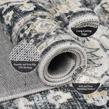 Area Rugs 8x10 for Living Room, Ultra-Thin Black Vintage Large Washable Rug Soft Non-Slip Backing Floor Mat Carpet Indoor Thin Rug for Bedroom Dining Room Playroom Office Home Decor