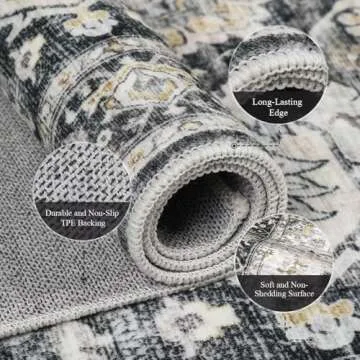 Area Rugs 8x10 for Living Room, Ultra-Thin Black Vintage Large Washable Rug Soft Non-Slip Backing Floor Mat Carpet Indoor Thin Rug for Bedroom Dining Room Playroom Office Home Decor