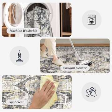 Area Rugs 8x10 for Living Room, Ultra-Thin Black Vintage Large Washable Rug Soft Non-Slip Backing Floor Mat Carpet Indoor Thin Rug for Bedroom Dining Room Playroom Office Home Decor