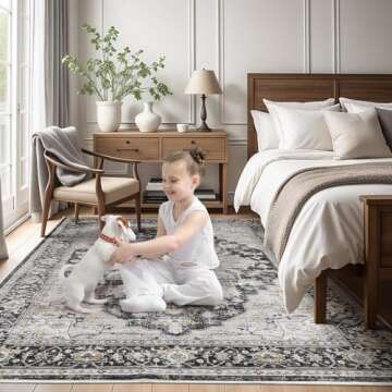 Area Rugs 8x10 for Living Room, Ultra-Thin Black Vintage Large Washable Rug Soft Non-Slip Backing Floor Mat Carpet Indoor Thin Rug for Bedroom Dining Room Playroom Office Home Decor