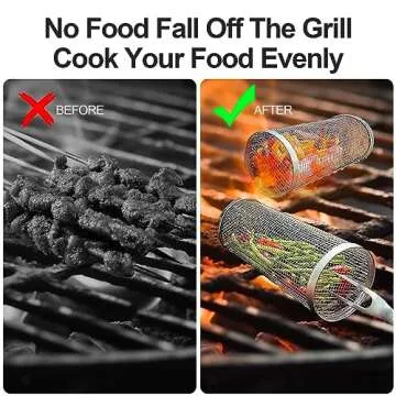 Rolling Grill Baskets for Outdoor Grill (3PCS), Secure Locking Cap, Round Stainless Steel Rotating G...