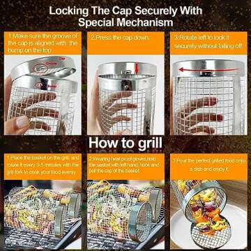Rolling Grill Baskets for Outdoor Grill (3PCS), Secure Locking Cap, Round Stainless Steel Rotating Grilling Basket Roller Cylinder, BBQ Accessories for Outdoor Camping Cooking Vegetables Fish Shrimp