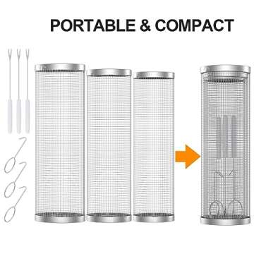 Rolling Grill Baskets for Outdoor Grill (3PCS), Secure Locking Cap, Round Stainless Steel Rotating Grilling Basket Roller Cylinder, BBQ Accessories for Outdoor Camping Cooking Vegetables Fish Shrimp